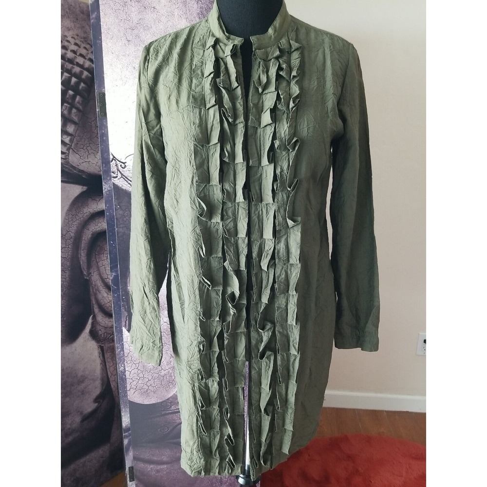 CITRON Santa Monica Olive Green Bamboo Pintuck Trim‎ Open Duster Jacket Size L
